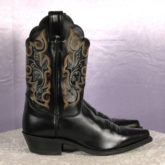 Justin Black Leather Western Cowboy Boots Embroidered Size 7.5 - Picture 4 of 9
